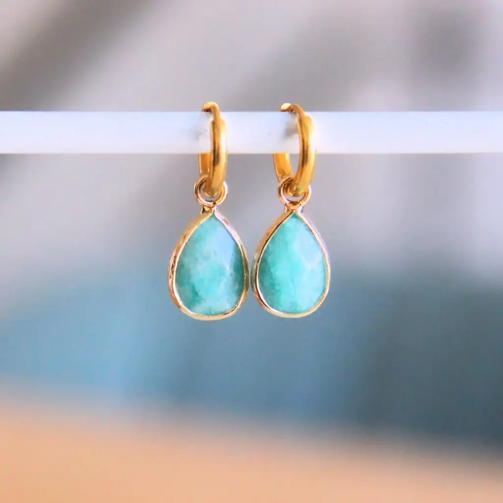Steel Earrings with Teardrop Natural Stone Mint - Bazou
