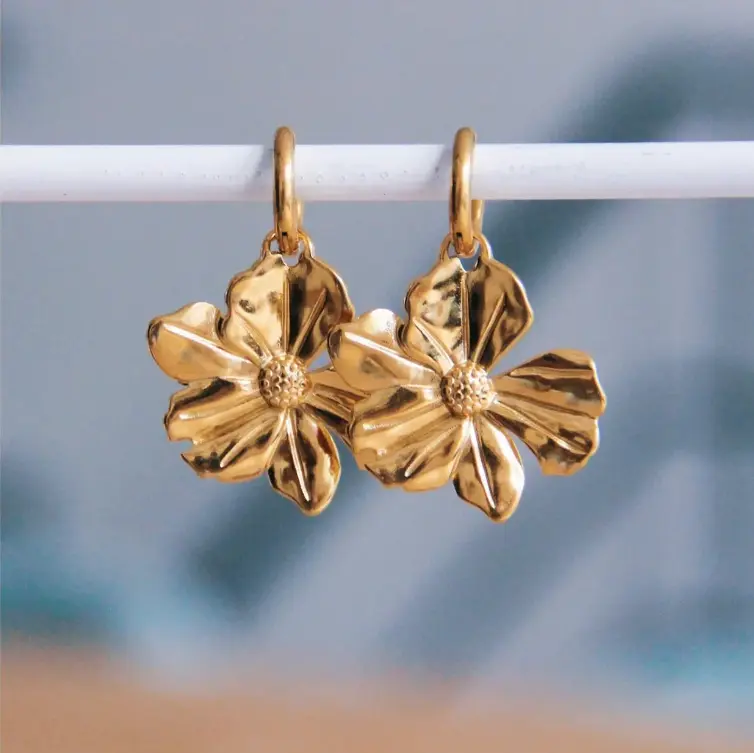 Stainless Steel Earrings with XL Flower Gold - Bazou