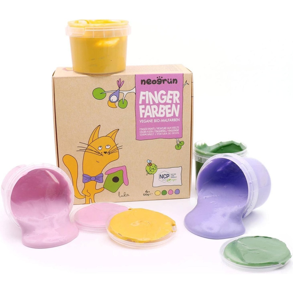 Peinture aux doigts Luka Assortiment de 4 couleurs (jaune, vert, rose et violet) - Neogrün