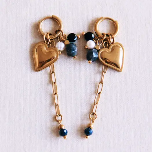 Boucles d'oreilles en acier inoxydable avec cordons brillants, facette et cœur - Bazou