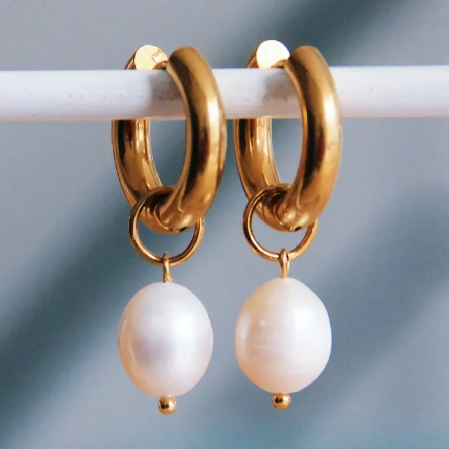 Wide Stainless Steel Earrings with XL Freshwater Pearl Gold - Bazou