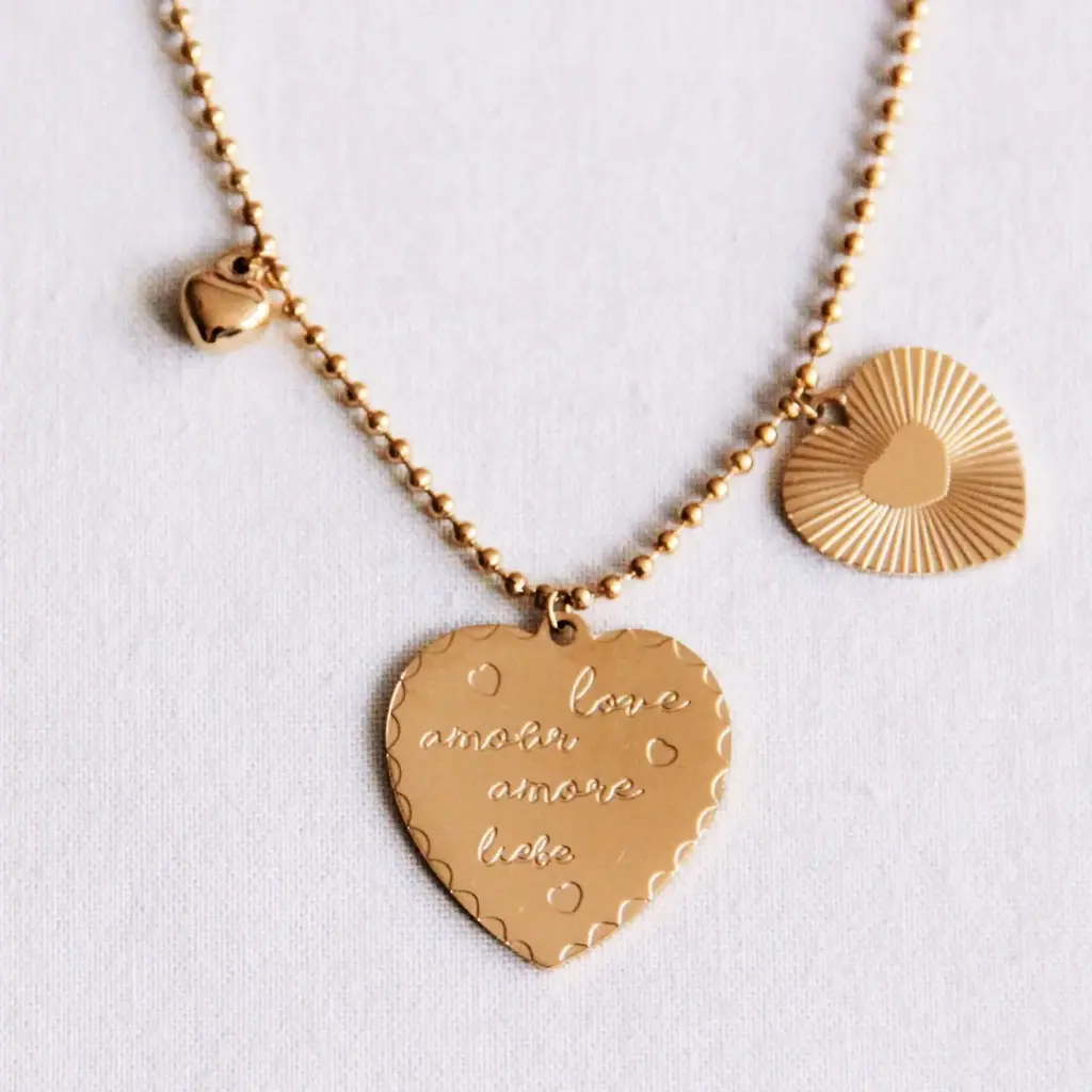 Collier à breloques avec chaîne à billes et 3 cœurs - Bazou