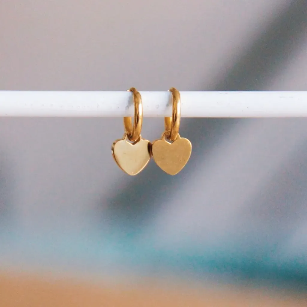 Stainless Steel Hoop Earrings with Gold Mini Heart - Bazou