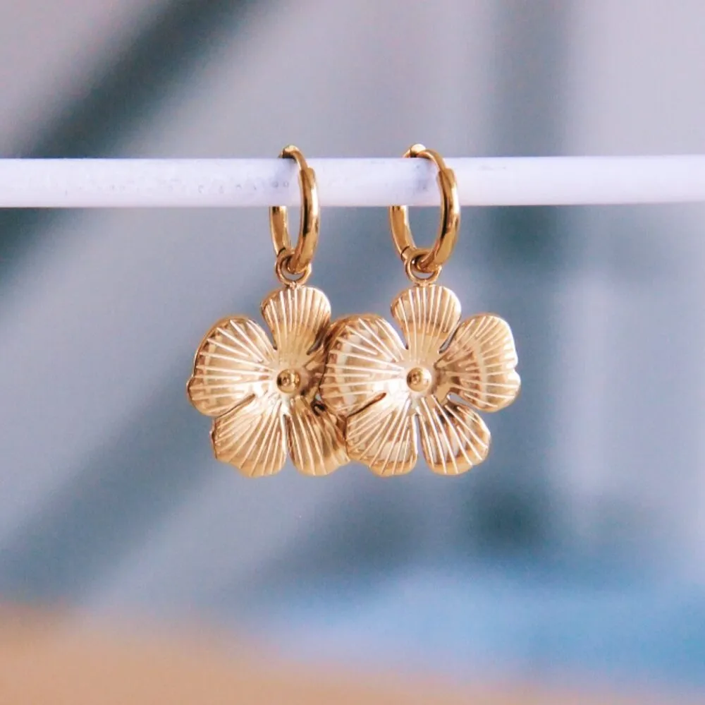 Stainless Steel Hoop Earrings with Buttercup Flower Gold - Bazou