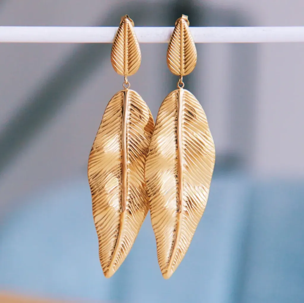 Boucles d'oreilles pendantes feuilles en acier inoxydable or - Bazou