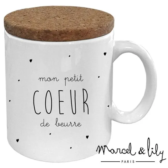 Mug "Mon petit coeur de beurre" avec son couvercle en liège - Marcel & Lily