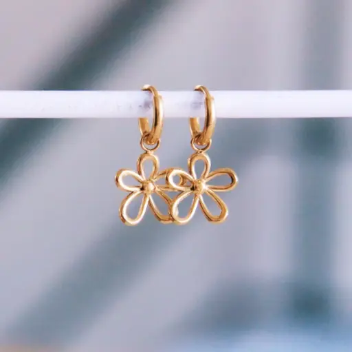 [LISTEANNIVERSAIRELUCIE12] Boucles d'oreilles créoles en acier inoxydable avec fleur ouverte - Liste de cadeaux d'anniversaire de Lucie
